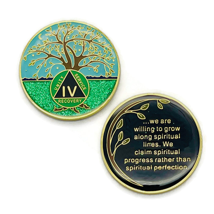 4 Year Tree of Life Specialty AA Recovery Medallion - Tri-Plated Four Year Chip/Coin + Velvet Case