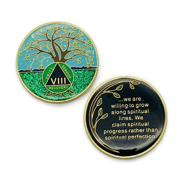 8 Year Tree of Life Specialty AA Recovery Medallion - Tri-Plated Eight Year Chip/Coin + Velvet Case