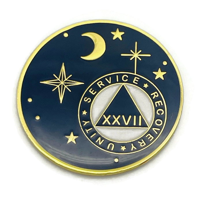 27 Year Rocketed to 4th Dimension Specialty AA Recovery Medallion - Tri-Plated Twenty-Seven Year Chip/Coin - Blue + Velvet Case