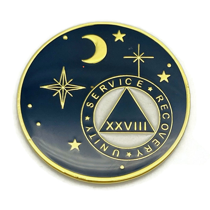 28 Year Rocketed to 4th Dimension Specialty AA Recovery Medallion - Tri-Plated Twenty-Eight Year Chip/Coin - Blue + Velvet Case