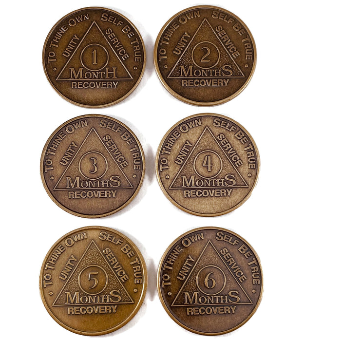 Recovery Mint 1 to 6 Months Bronze AA Meeting Chips Set - Newcomer Monthly Sobriety Coins/Tokens