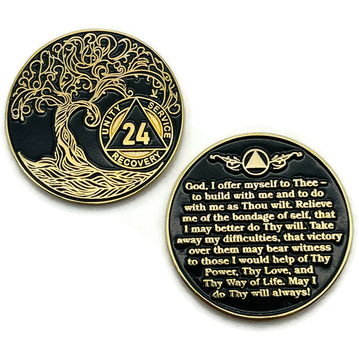 24 Year Sobriety Mint Twisted Tree of Life Gold Plated AA Recovery Medallion - Twenty-Four Year Chip/Coin - Black + Velvet Case