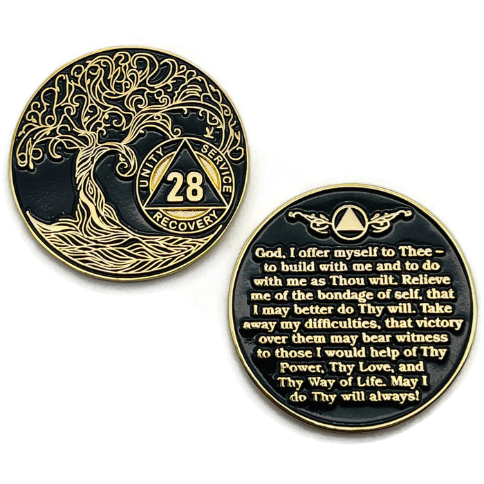 28 Year Sobriety Mint Twisted Tree of Life Gold Plated AA Recovery Medallion - Twenty-Eight Year Chip/Coin - Black + Velvet Case