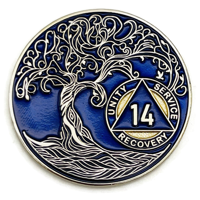 14 Year Sobriety Mint Twisted Tree of Life Gold Plated AA Recovery Medallion - Fourteen Year Chip/Coin - Blue + Velvet Box