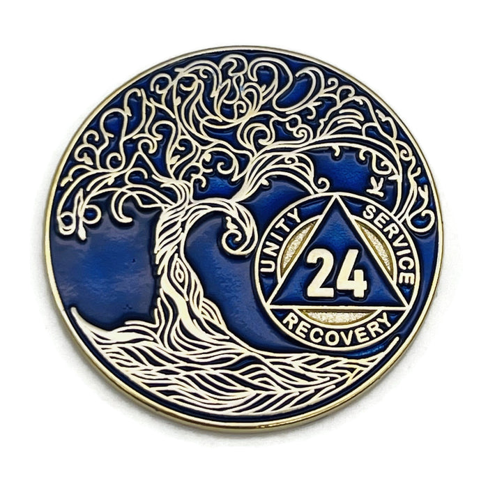 24 Year Sobriety Mint Twisted Tree of Life Gold Plated AA Recovery Medallion - Twenty Four Year Chip/Coin - Blue + Velvet Box