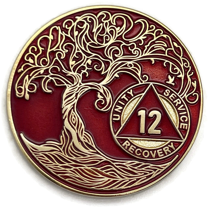 12 Year Sobriety Mint Twisted Tree of Life Gold Plated AA Recovery Medallion - Twelve Year Chip/Coin - Red + Velvet Box