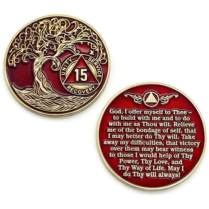 15 Year Sobriety Mint Twisted Tree of Life Gold Plated AA Recovery Medallion - Fifteen Year Chip/Coin - Red + Velvet Box