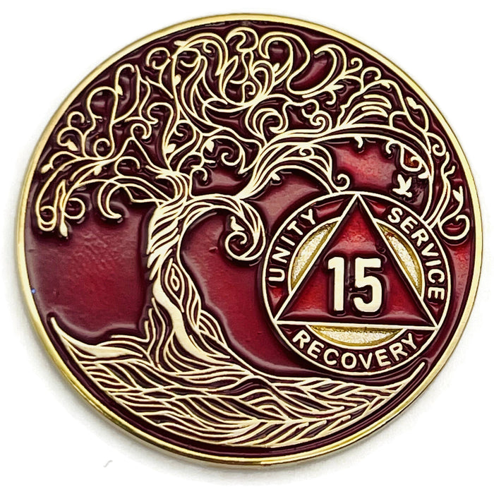 15 Year Sobriety Mint Twisted Tree of Life Gold Plated AA Recovery Medallion - Fifteen Year Chip/Coin - Red + Velvet Box