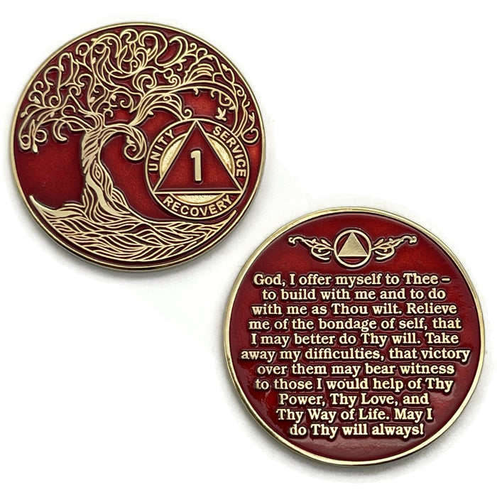 1 Year Sobriety Mint Twisted Tree of Life Gold Plated AA Recovery Medallion - One Year Chip/Coin - Red + Velvet Box