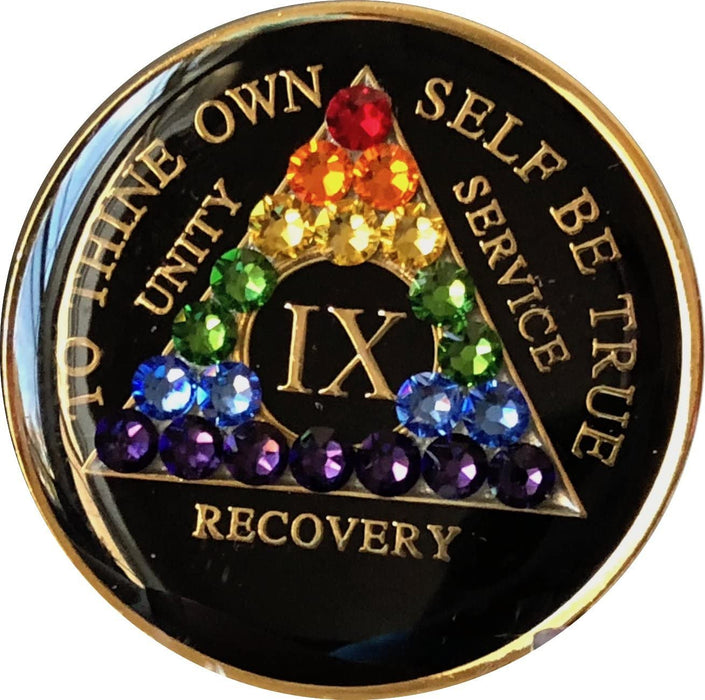 Recovery Mint 9 Year Bling AA Medallion - Crystallized Tri-Plate Nine Year Chip/Coin - Black Rainbow