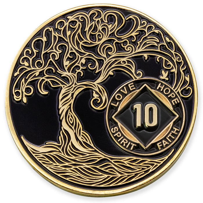 10 Year Sobriety Mint Twisted Tree of Life Gold Plated NA Recovery Medallion - Ten Year Chip/Coin - Black