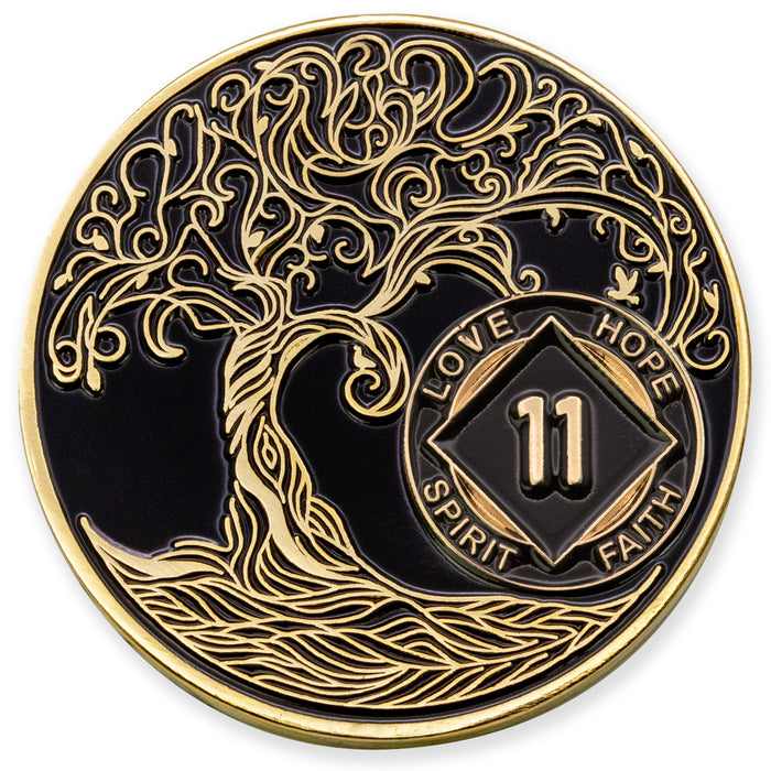 1 to 40 Year Sobriety Mint Twisted Tree of Life Gold Plated NA Recovery Medallion/Chip/Coin - Black