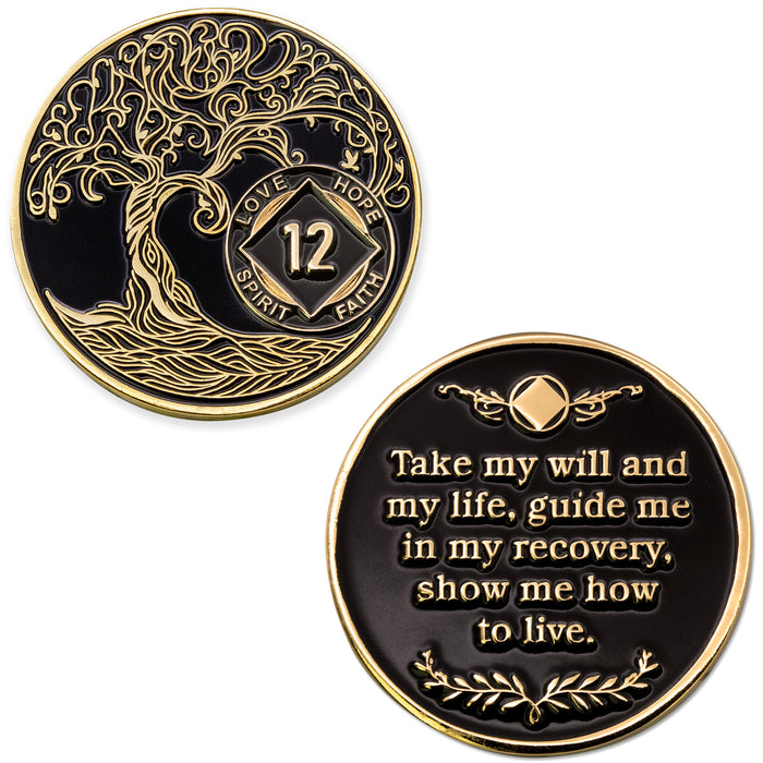 12 Year Sobriety Mint Twisted Tree of Life Gold Plated NA Recovery Medallion - Twelve Year Chip/Coin - Black
