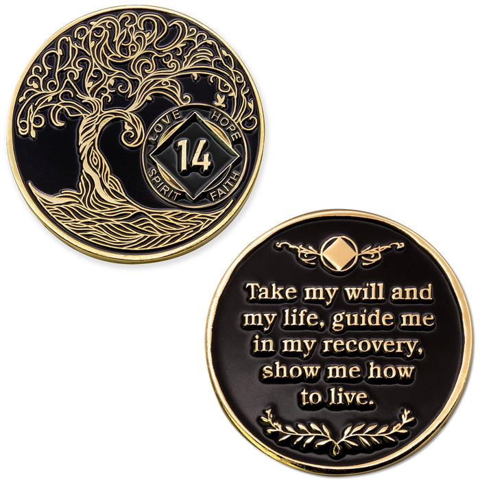 14 Year Sobriety Mint Twisted Tree of Life Gold Plated NA Recovery Medallion - Fourteen Year Chip/Coin - Black