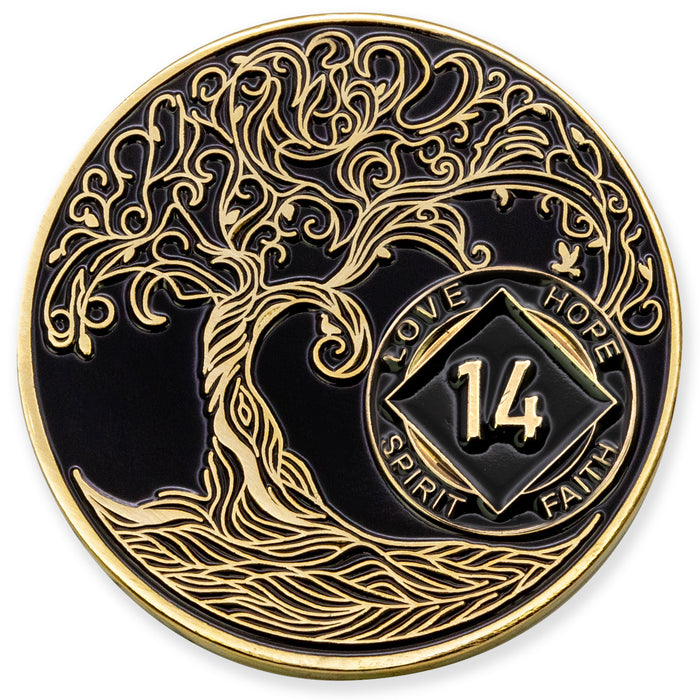 14 Year Sobriety Mint Twisted Tree of Life Gold Plated NA Recovery Medallion - Fourteen Year Chip/Coin - Black