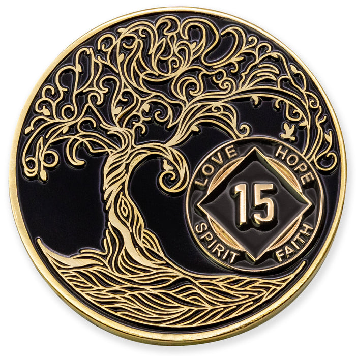 15 Year Sobriety Mint Twisted Tree of Life Gold Plated NA Recovery Medallion - Fifteen Year Chip/Coin - Black + Velvet Box