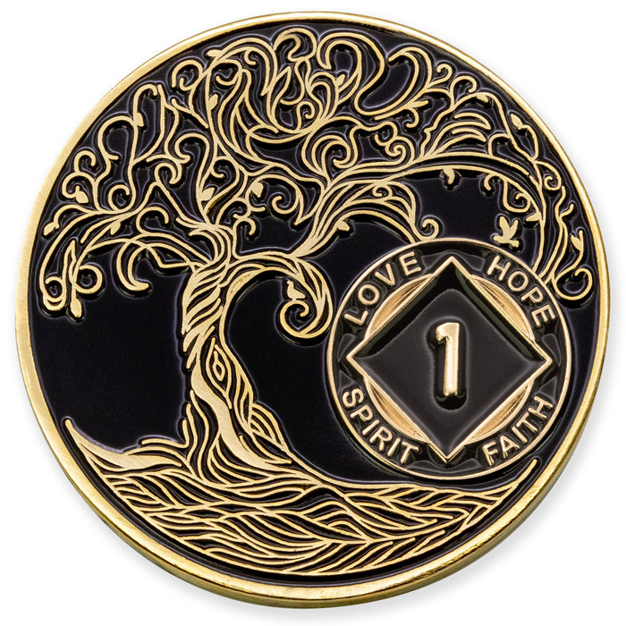 1 to 40 Year Sobriety Mint Twisted Tree of Life Gold Plated NA Recovery Medallion/Chip/Coin - Black + Velvet Box