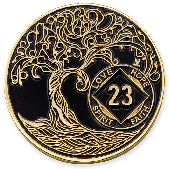 23 Year Sobriety Mint Twisted Tree of Life Gold Plated NA Recovery Medallion - Twenty Three Year Chip/Coin - Black