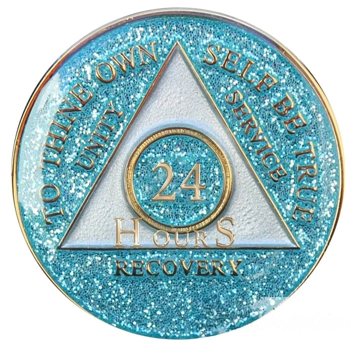 Recovery Mint 24 Hours AA Tri-Plate AA Medallion/Chip/Coin - Aqua Glitter