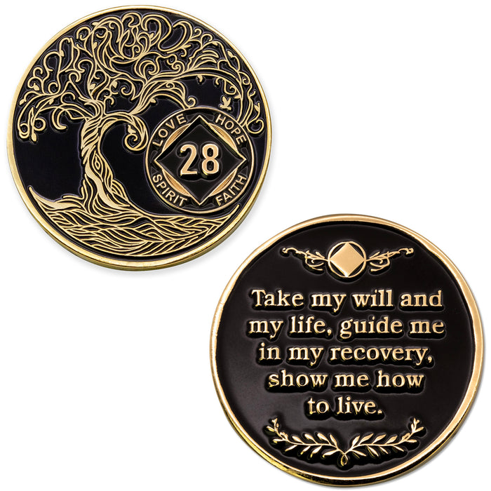 28 Year Sobriety Mint Twisted Tree of Life Gold Plated NA Recovery Medallion - Twenty Eight Year Chip/Coin - Black