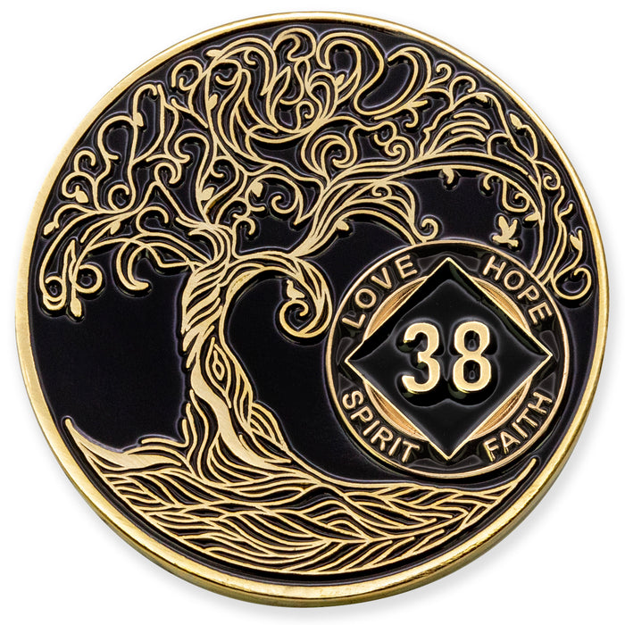 1 to 40 Year Sobriety Mint Twisted Tree of Life Gold Plated NA Recovery Medallion/Chip/Coin - Black