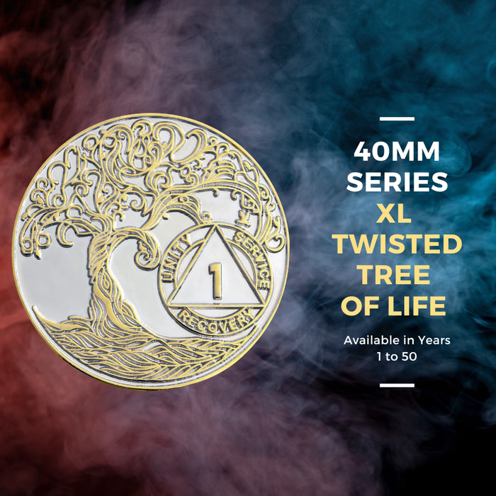 50 Year XL 40mm Nickel & Gold Bi-Plated Sobriety Mint Twisted Tree of Life AA Recovery Medallion - Silver/Gold