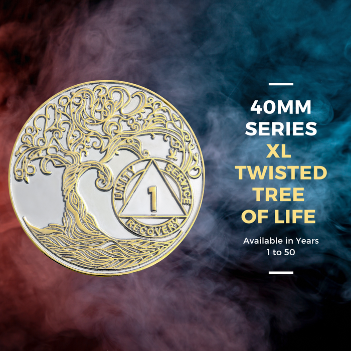 1 to 50 Year XL 40mm Nickel & Gold Bi-Plated Sobriety Mint Twisted Tree of Life AA Recovery Medallion - Silver/Gold + Velvet Box