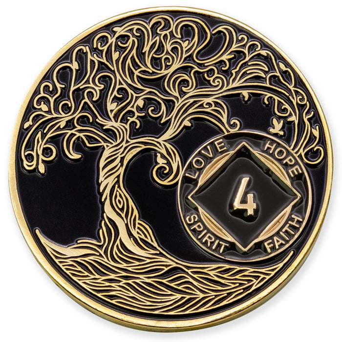 1 to 40 Year Sobriety Mint Twisted Tree of Life Gold Plated NA Recovery Medallion/Chip/Coin - Black