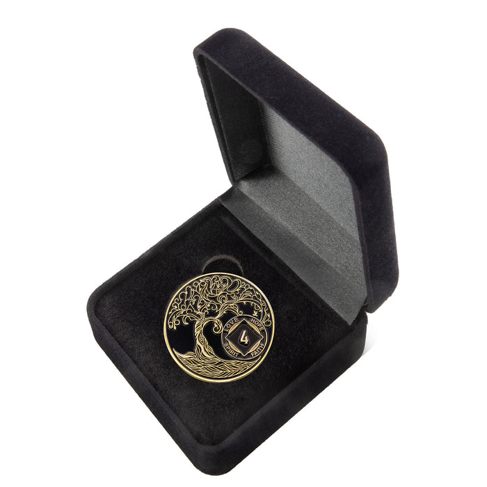 4 Year Sobriety Mint Twisted Tree of Life Gold Plated NA Recovery Medallion - Four Year Chip/Coin - Black + Velvet Box
