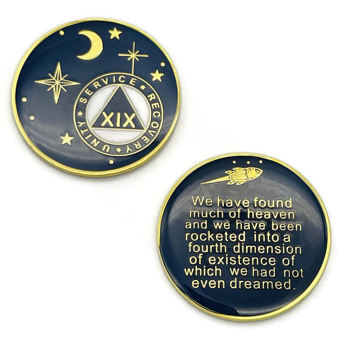 19 Year Rocketed to 4th Dimension Specialty AA Recovery Medallion - Tri-Plated Nineteen Year Chip/Coin - Blue