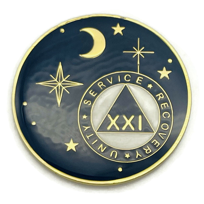 21 Year Rocketed to 4th Dimension Specialty AA Recovery Medallion - Tri-Plated Twenty One Year Chip/Coin - Blue