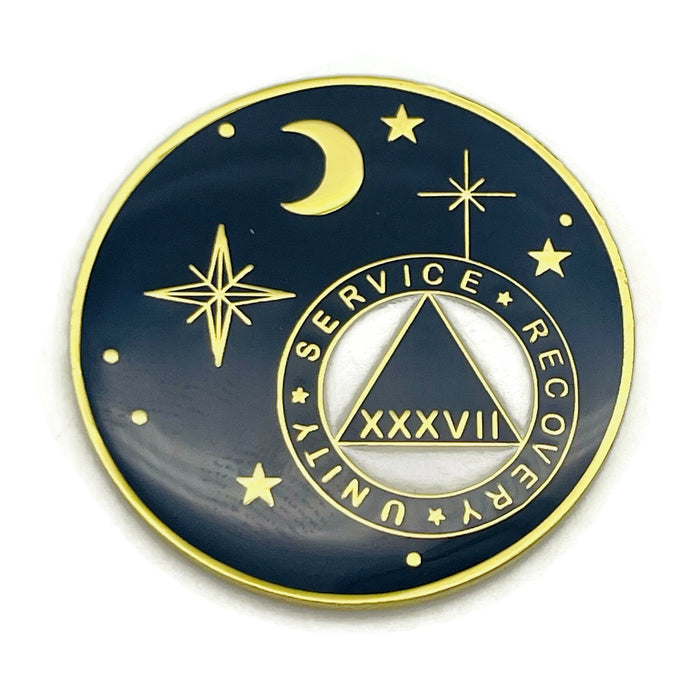 37 Year Rocketed to 4th Dimension Specialty AA Recovery Medallion - Tri-Plated Thirty Seven Year Chip/Coin - Blue