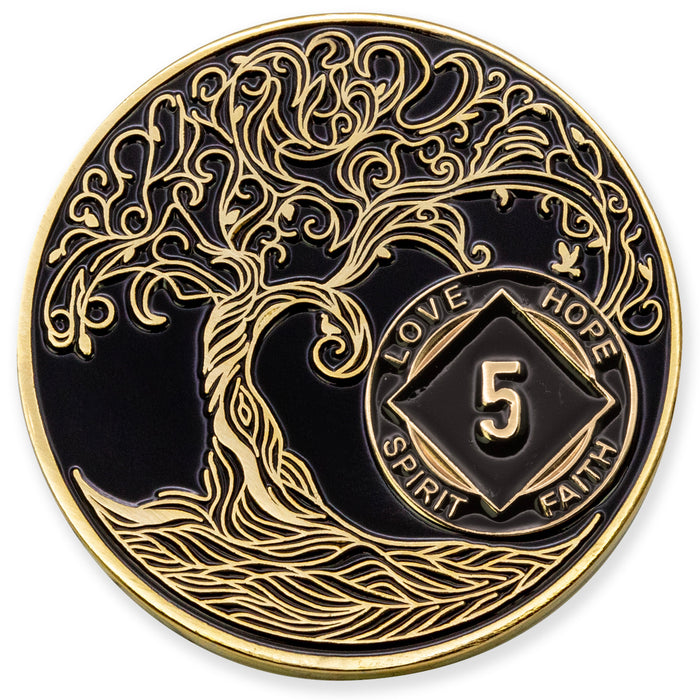 1 to 40 Year Sobriety Mint Twisted Tree of Life Gold Plated NA Recovery Medallion/Chip/Coin - Black