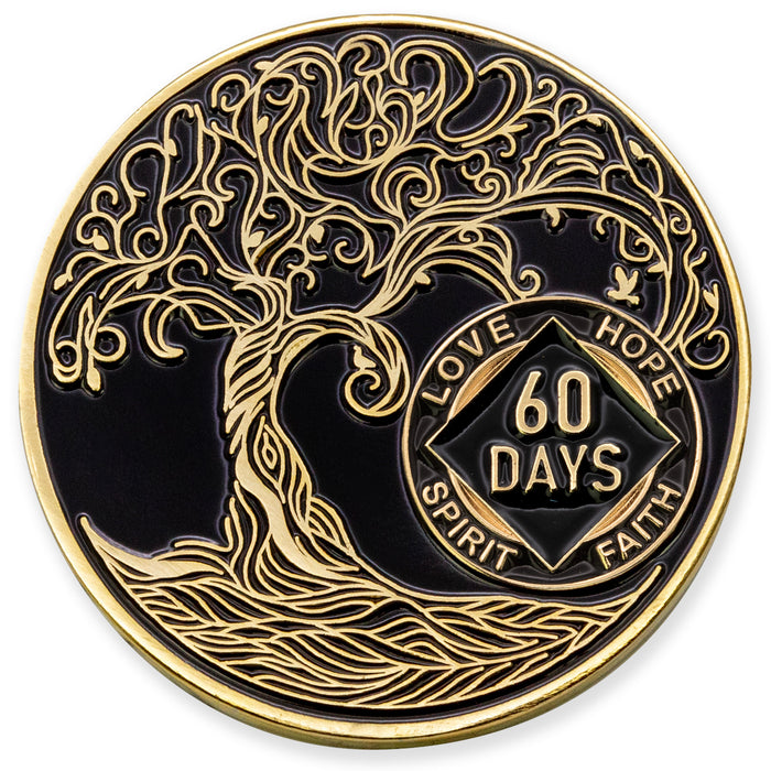 60 Days Sobriety Mint Twisted Tree of Life Gold Plated NA Recovery Medallion - Two Month Chip/Coin - Black + Velvet Box