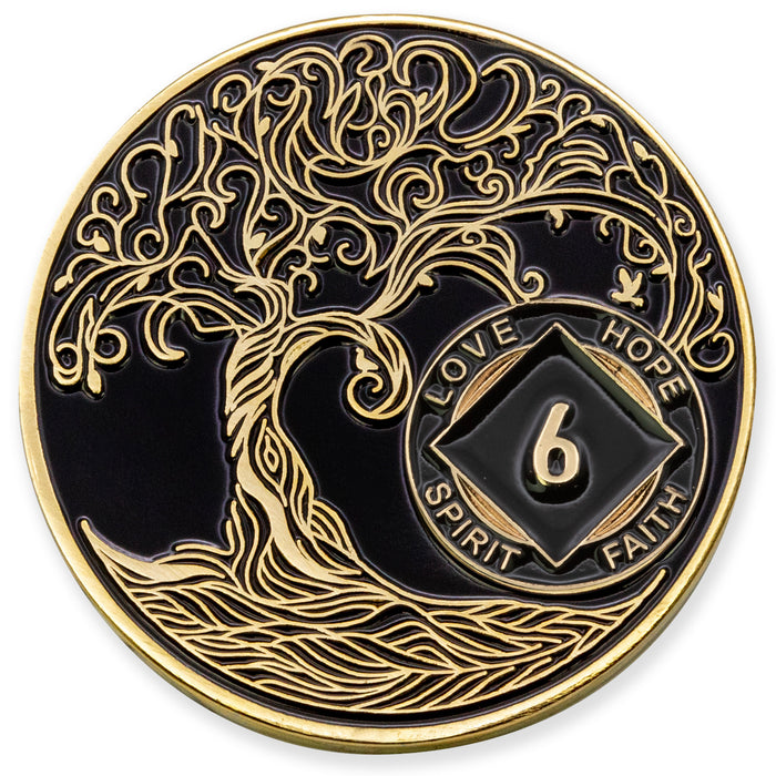 6 Year Sobriety Mint Twisted Tree of Life Gold Plated NA Recovery Medallion - Six Year Chip/Coin - Black