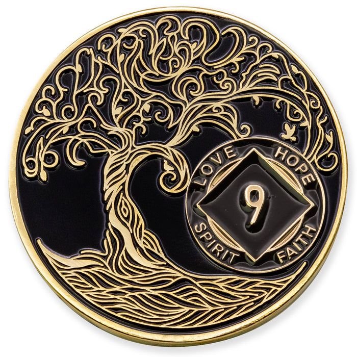 9 Year Sobriety Mint Twisted Tree of Life Gold Plated NA Recovery Medallion - Nine Year Chip/Coin - Black