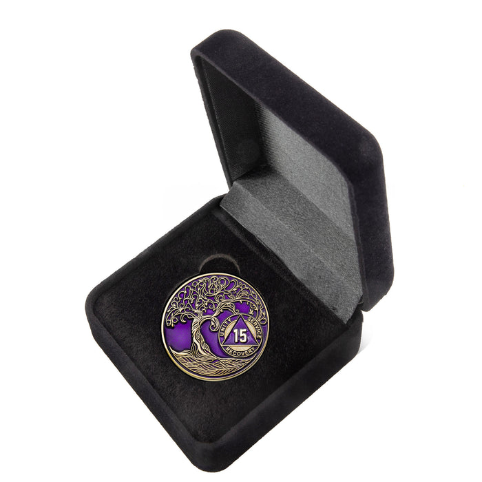 15 Year Sobriety Mint Twisted Tree of Life Gold Plated AA Recovery Medallion/Chip/Coin - Purple + Velvet Box
