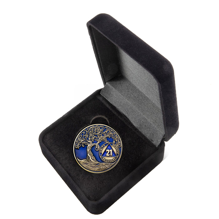 21 Year Sobriety Mint Twisted Tree of Life Gold Plated AA Recovery Medallion - Twenty One Year Chip/Coin - Blue + Velvet Box
