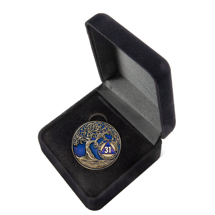 31 Year Sobriety Mint Twisted Tree of Life Gold Plated AA Recovery Medallion - Thirty-One Year Chip/Coin - Blue + Velvet Box