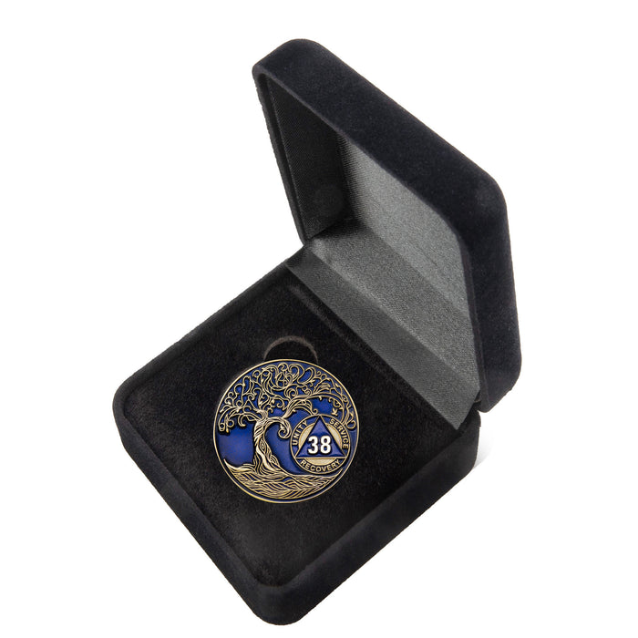 38 Year Sobriety Mint Twisted Tree of Life Gold Plated AA Recovery Medallion - Thirty-Eight Year Chip/Coin - Blue + Velvet Box
