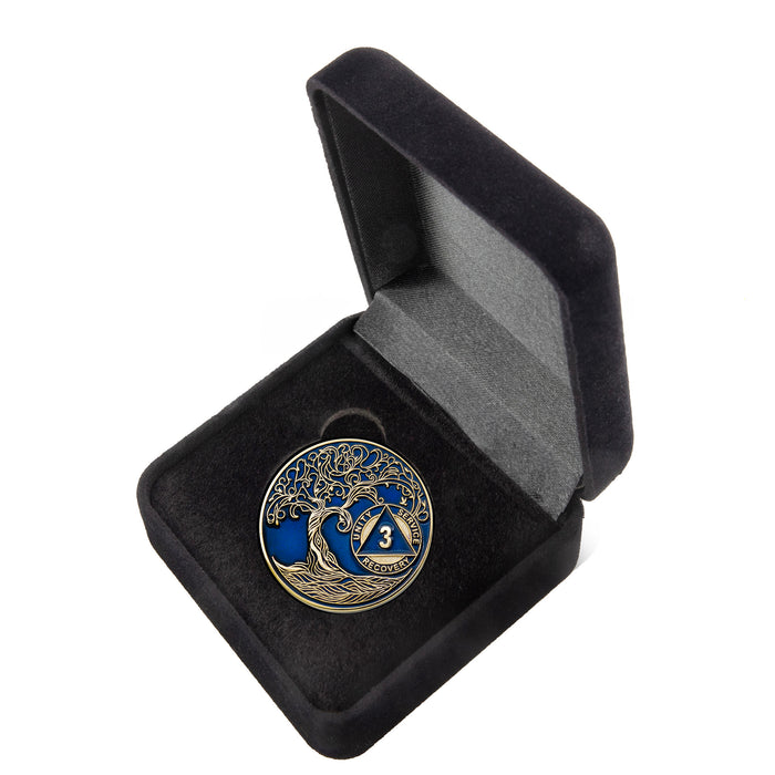 3 Year Sobriety Mint Twisted Tree of Life Gold Plated AA Recovery Medallion - Three Year Chip/Coin - Blue + Velvet Box