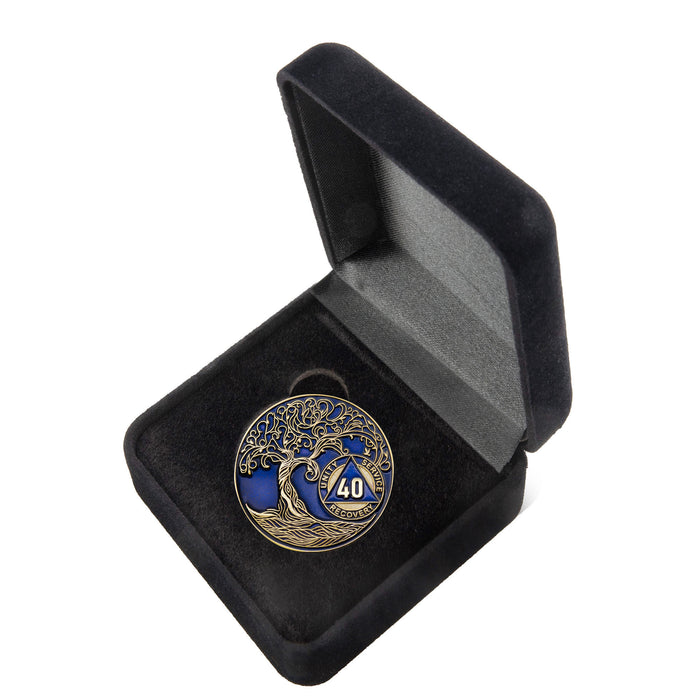 40 Year Sobriety Mint Twisted Tree of Life Gold Plated AA Recovery Medallion - Forty Year Chip/Coin - Blue + Velvet Box