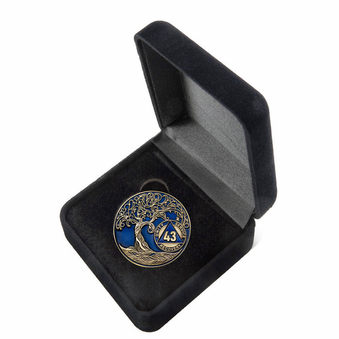 43 Year Sobriety Mint Twisted Tree of Life Gold Plated AA Recovery Medallion - Forty-Three Year Chip/Coin - Blue + Velvet Box