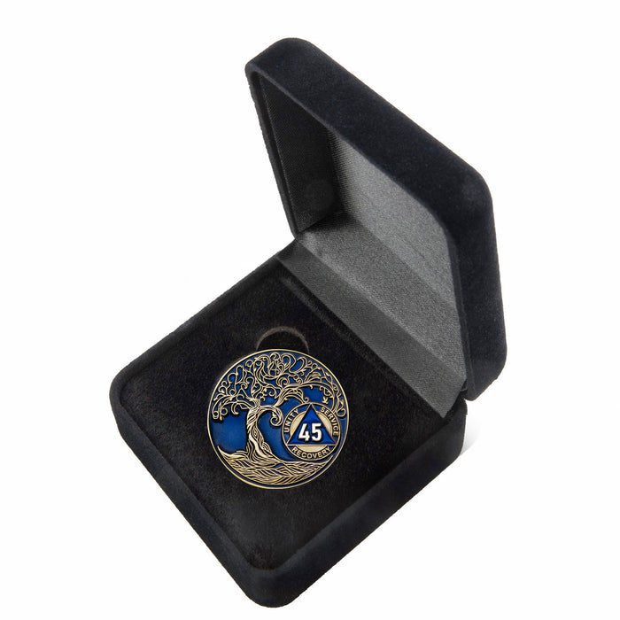 45 Year Sobriety Mint Twisted Tree of Life Gold Plated AA Recovery Medallion - Forty-Five Year Chip/Coin - Blue + Velvet Box