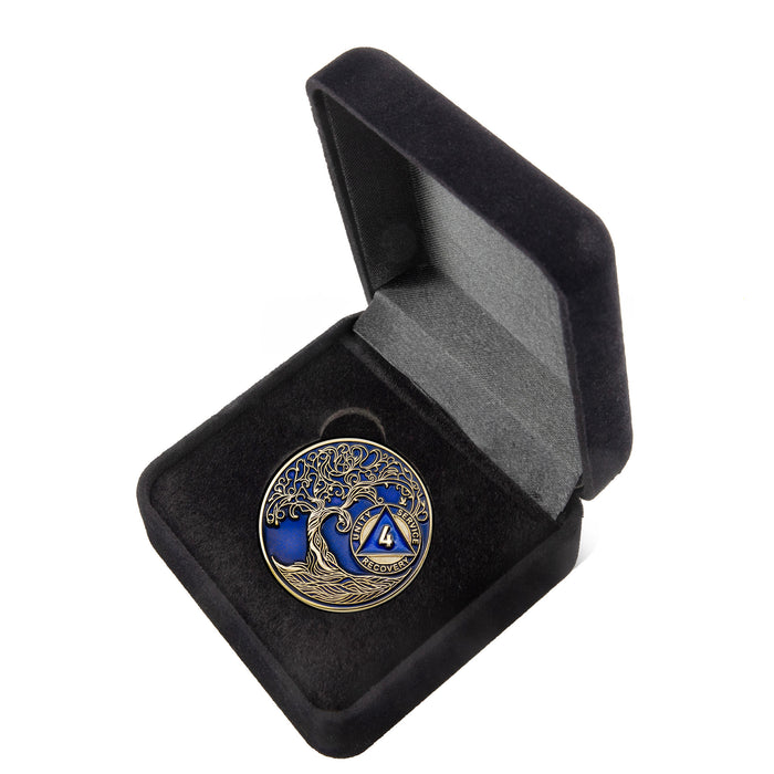 4 Year Sobriety Mint Twisted Tree of Life Gold Plated AA Recovery Medallion - Four Year Chip/Coin - Blue + Velvet Box