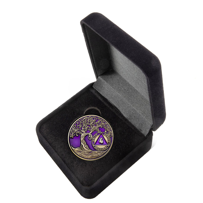 4 Year Sobriety Mint Twisted Tree of Life Gold Plated AA Recovery Medallion/Chip/Coin - Purple + Velvet Box