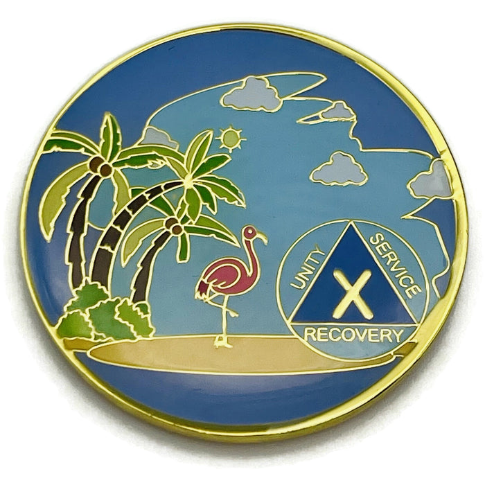 10 Year Beach Themed Specialty Tri-Plated AA Recovery Medallion - Ten Year Chip/Coin