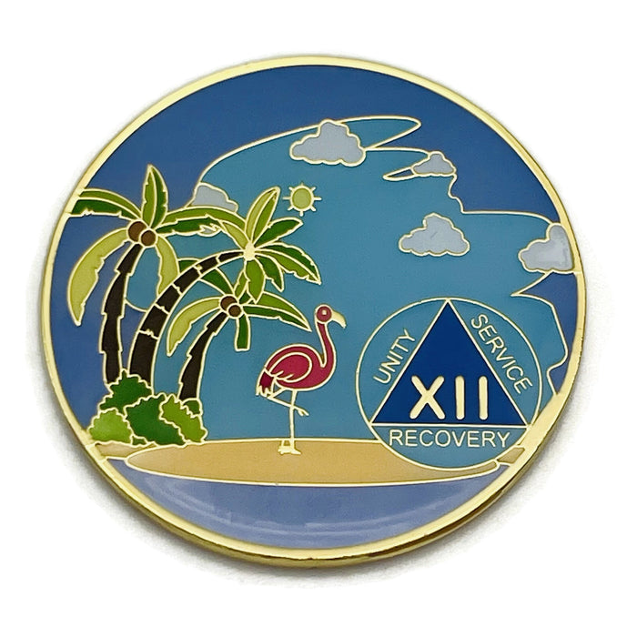 12 Year Beach Themed Specialty Tri-Plated AA Recovery Medallion - Twelve Year Chip/Coin