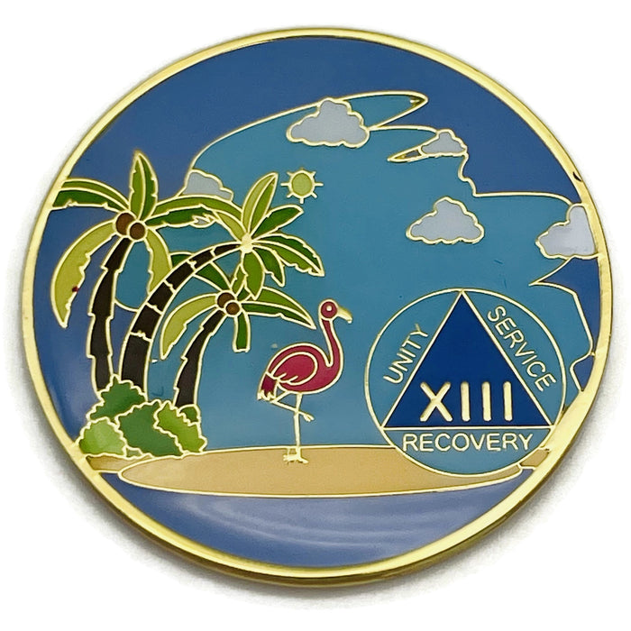 13 Year Beach Themed Specialty Tri-Plated AA Recovery Medallion - Thirteen Year Chip/Coin + Velvet Case