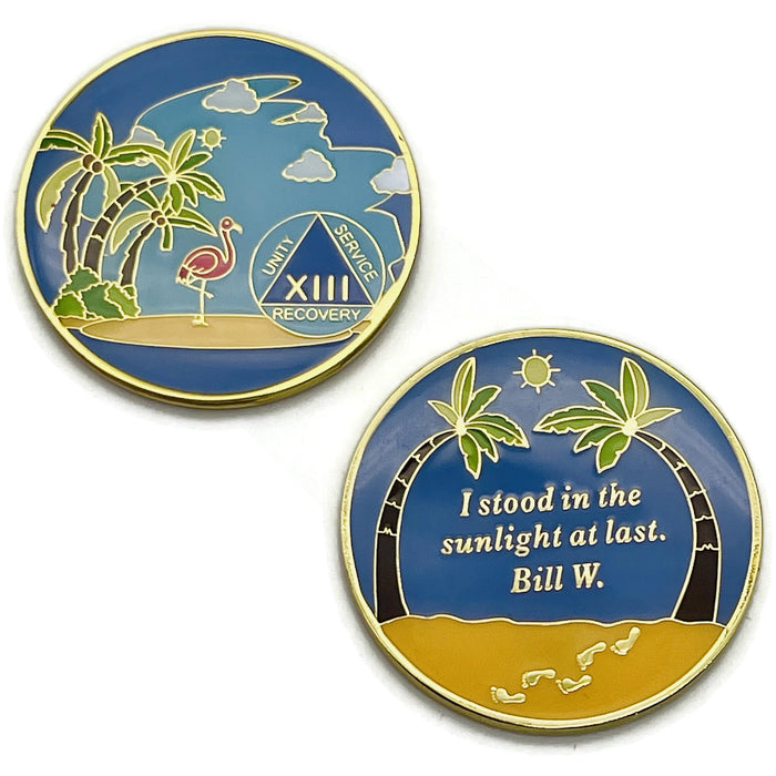 13 Year Beach Themed Specialty Tri-Plated AA Recovery Medallion - Thirteen Year Chip/Coin